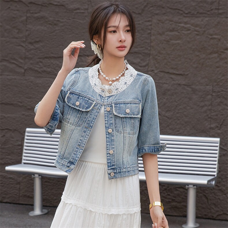 2025春季新款韩版蕾丝花边拼接翻领短款牛仔外套女长袖小个子夹克，女装牛仔外套，江南女神