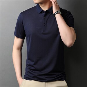新款男装中年翻领带扣Polo衫上衣商务休闲潮流男装纯色半袖P135图片