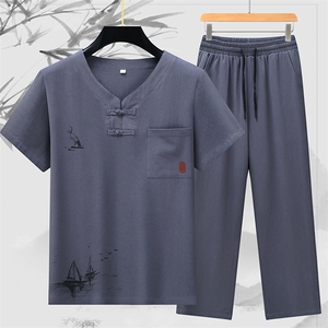 风古风纯棉短袖长裤套装汉服男士中式棉麻唐装CM3826-P68图片