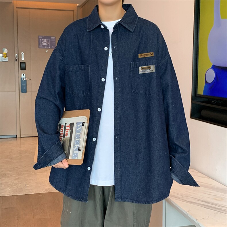 春秋季日系纯色牛仔衬衫潮流帅气休闲衬衣港风外套男装 W1670-P40图片