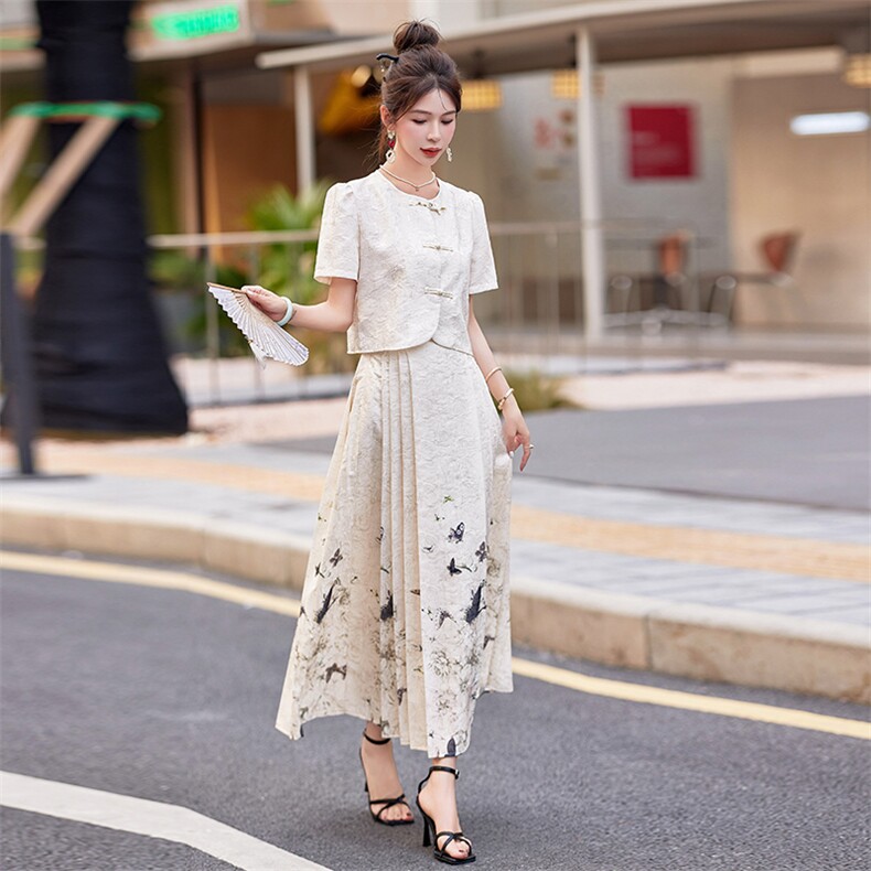 素色左岸新中式国风套装夏季复古马面半身裙女搭配汉服小衫两件套,女装套装/套裙,韩宇舍