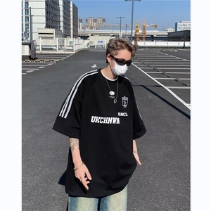 潮牌拼接夏短袖男美式三条杠拼接情侣tee恤中性运动t恤ST303-P37图片