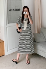 黑白条纹卫衣裙女中长款2025夏季新款韩版宽松直筒蕾丝披肩连衣裙，女装连衣裙，2C323