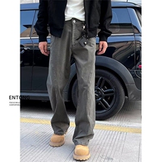 深灰色水洗做旧牛仔裤男日系复古线条设计修身显瘦宽松直筒工装裤，男装牛仔裤，星座506A