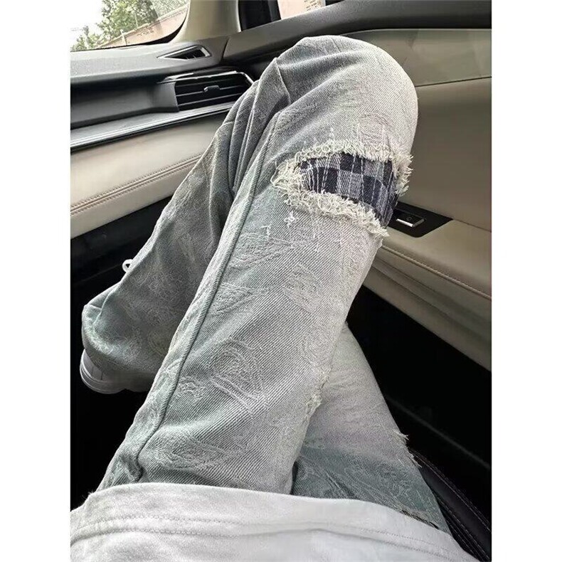 腰果花满印补丁破洞牛仔裤男潮牌痞帅炸街裤子cleanfit窄版直筒裤,男装牛仔裤,星座410-7