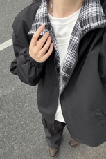 fitcheck格子拼接夹克晋江棉服男秋冬复古设计感棉衣情侣保暖外套，男装夹克，电商A022