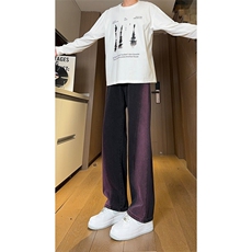 现货黑紫色拼接宽松阔腿直筒撞色休闲牛仔裤男女K5820-P50控78，男装牛仔裤，星座205