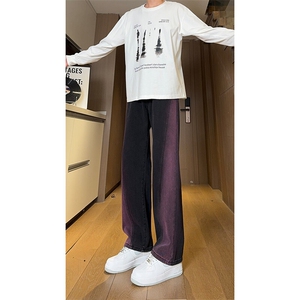 现货 黑紫色拼接宽松阔腿直筒撞色休闲牛仔裤男女 K5820-P50 控78图片