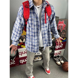 扎染格子衬衫男高级感痞帅外套cleanfit格纹长袖衬衣WLB422-P38图片