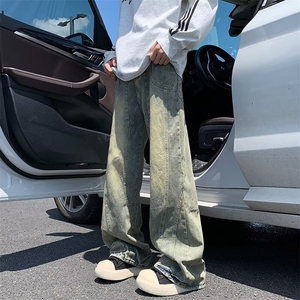 复古牛仔裤男水洗拼接微喇裤子直筒宽松阔腿黄泥色休闲裤 N7047图片