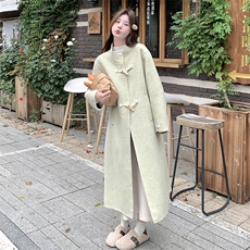 高级小众韩系chic绿色立领毛呢外套女秋冬2025年超火好看长款大衣，女装毛呢外套，红龙果