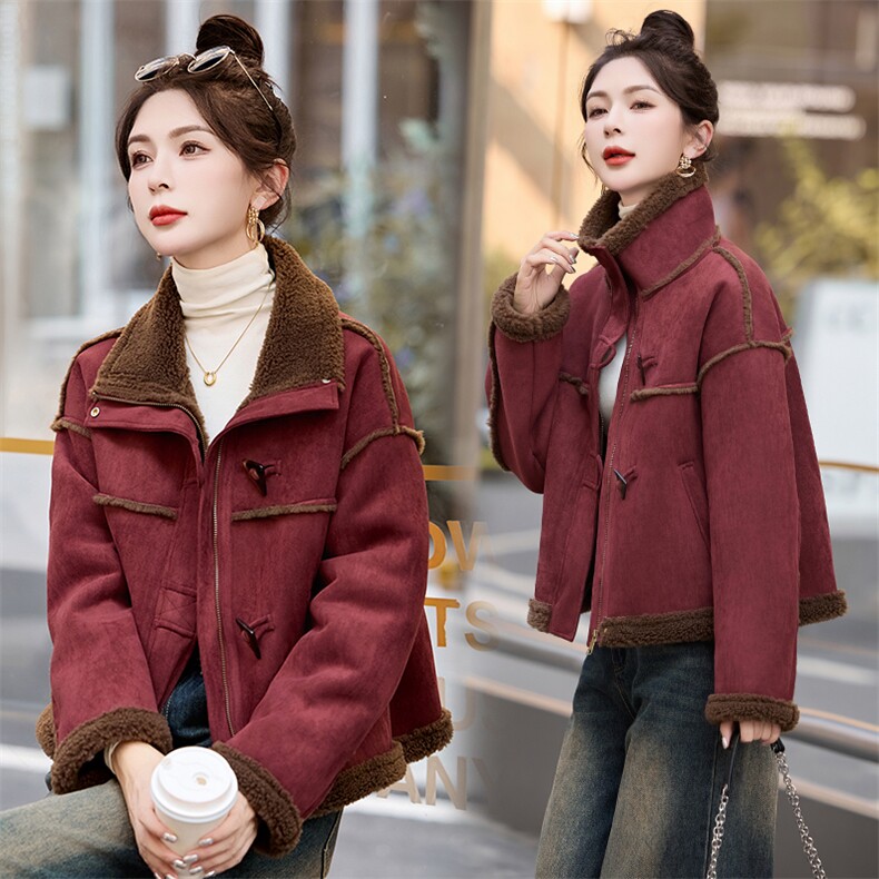 皮毛一体羊羔毛外套女冬2026新款仿鹿皮绒短款加绒加厚机车服上衣，女装棉衣/棉服，蓝诺裳