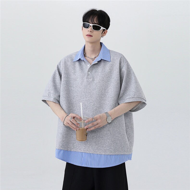 夏季潮牌高级休闲百搭撞色拼接假两件五分袖短袖POLO衫T601-P48,男装Polo衫,电商C307