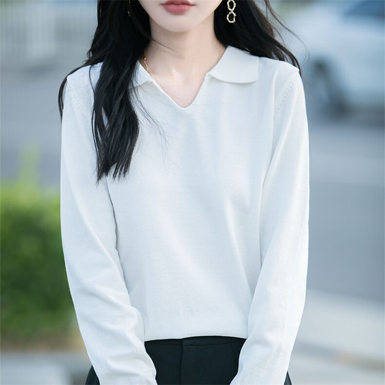 法式条纹polo领长袖针织衫女2025新精仿纯羊毛通勤小衫保暖毛衣,针织衫/毛衣,萱芳婷羊绒