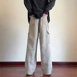 大理石纹褶皱伞兵工装裤男秋季潮牌复古设计感美式阔腿休闲长裤子图片