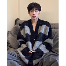 撞色V领开衫毛衣男慵懒风宽松条纹仿水貂绒针织情侣外套MY9179，男装针织衫/毛衣，星座1116A（原606A-3）