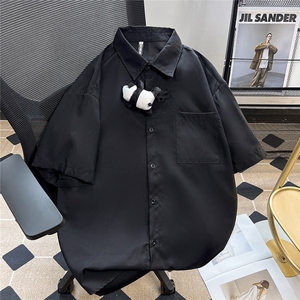 =复古熊猫设计感短袖衬衫男女夏季宽松休闲风新中式衬衣-C2258图片