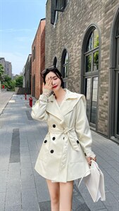 韩版大翻领双排扣中长款风衣图片