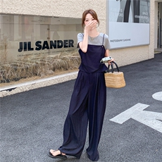 淡人穿搭气质百搭套装2025夏新款吊带短袖T恤女高腰阔腿裤三件套，女装套装/套裙，维壹