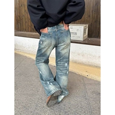 美式复古泼墨牛仔裤男女潮宽松直筒阔腿欧美休闲拖地裤XN6084，男装牛仔裤，星座208-5