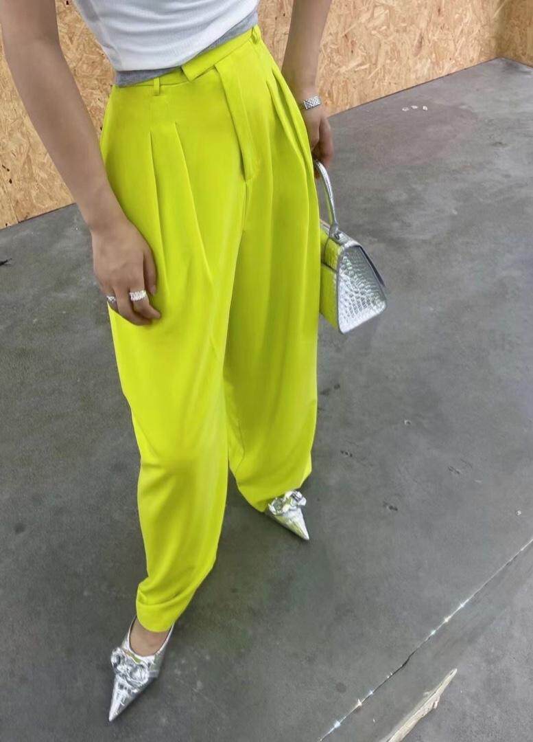 高级荧光黄阔腿裤，女装，ZIA
