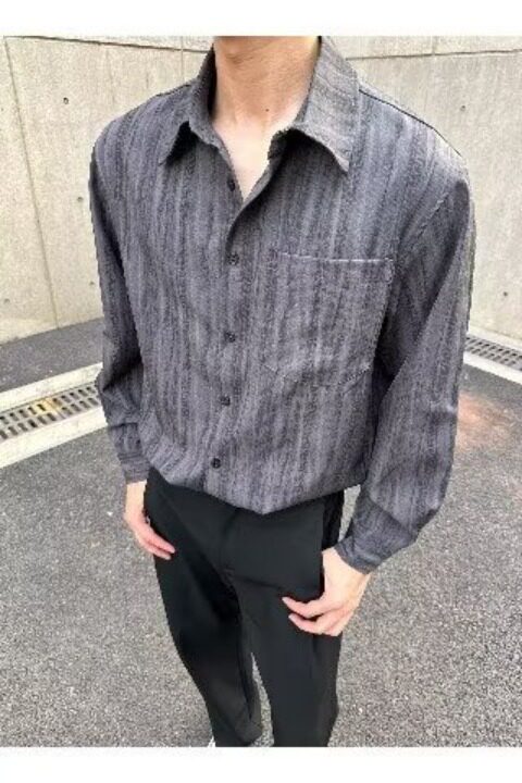 日系叠穿竖条纹长袖衬衫男女复古春秋季穿搭宽松休闲衬衣新款潮搭,男装衬衫,星座302B
