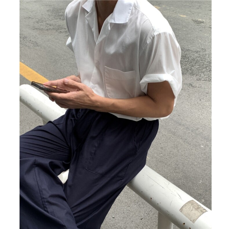 美式复古巴领宽松短袖衬衫咔叽休闲痞帅衬衣男夏909P45,男装衬衫,星座710