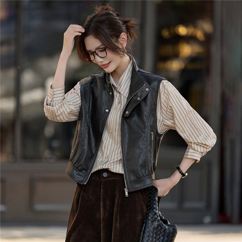 【大量现货】秋季女装新款时尚立领高级感小个子短款皮衣马甲外套,女装皮衣,魅衣本色