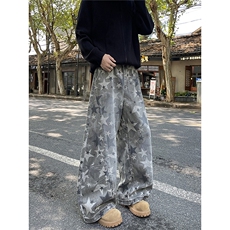 美式水洗星星印花解构弯刀牛仔裤宽松显瘦阔腿拖地裤子NZ1636，男装牛仔裤，星座516A