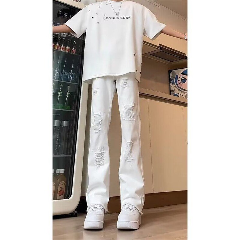 白色毛边假破洞牛仔裤男夏季薄款潮牌痞帅炸街裤子修身直筒微喇裤,男装牛仔裤,星座410-7