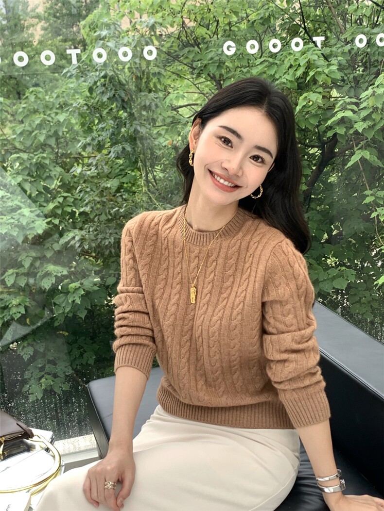 圆领针织衫女秋冬新款修身套头纯色上衣,针织衫/毛衣,玛卡隆羊绒