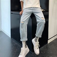 春夏男士破洞九分裤宽松直筒休闲修身小脚潮牌牛仔裤子，男装牛仔裤，电商A318