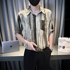 小伙宽松冰丝垂感衬衫男度假风短袖复古花衬衣A236--P50，男装T恤，电商A236