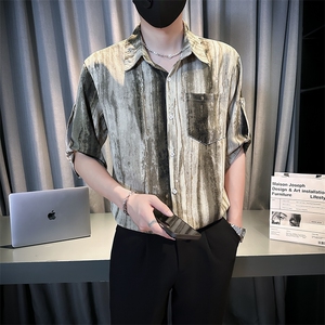 小伙宽松冰丝垂感衬衫男度假风短袖复古花衬衣A236--P50图片