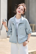 蓝色休闲翻领短款外套女2025春秋新款小个子百搭立领卫衣开衫上衣，女装短外套，木子恋