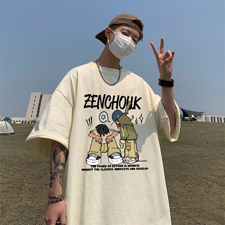 卡通印花短袖男夏季2025新款美式休闲百搭青少年男生宽松纯棉t恤,男装T恤,电商A102-1