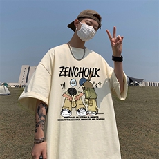 卡通印花短袖男夏季2025新款美式休闲百搭青少年男生宽松纯棉t恤，男装T恤，电商A102-1