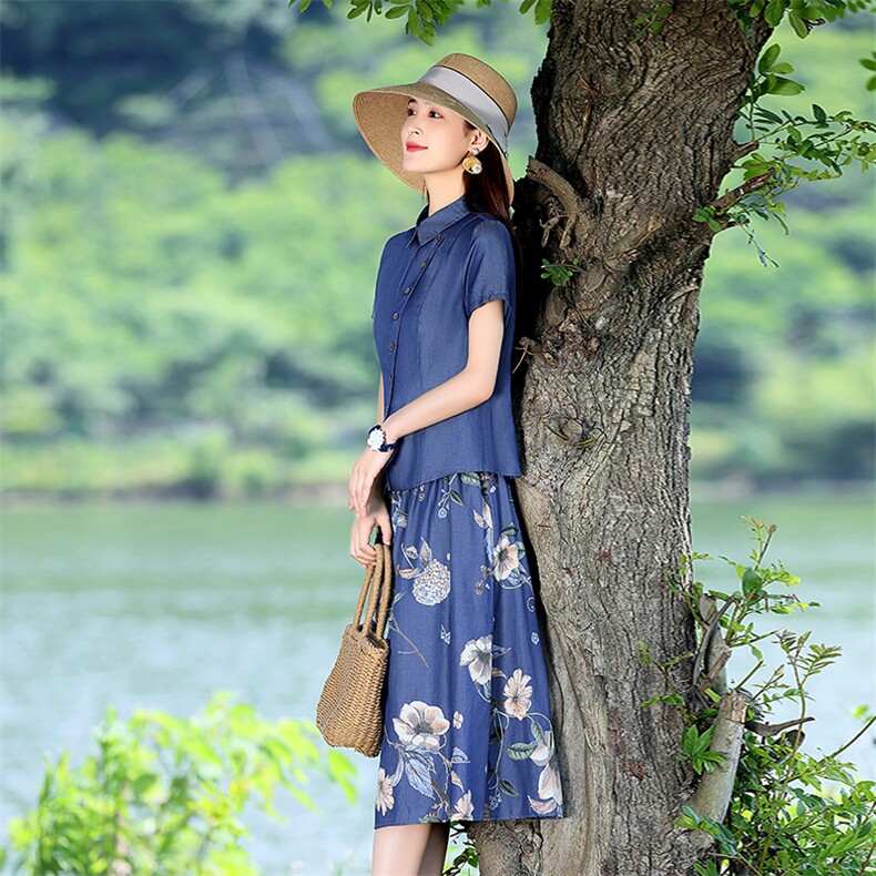 2024夏天丝牛仔套装两件套连衣裙,女装套装/套裙,伊航服饰