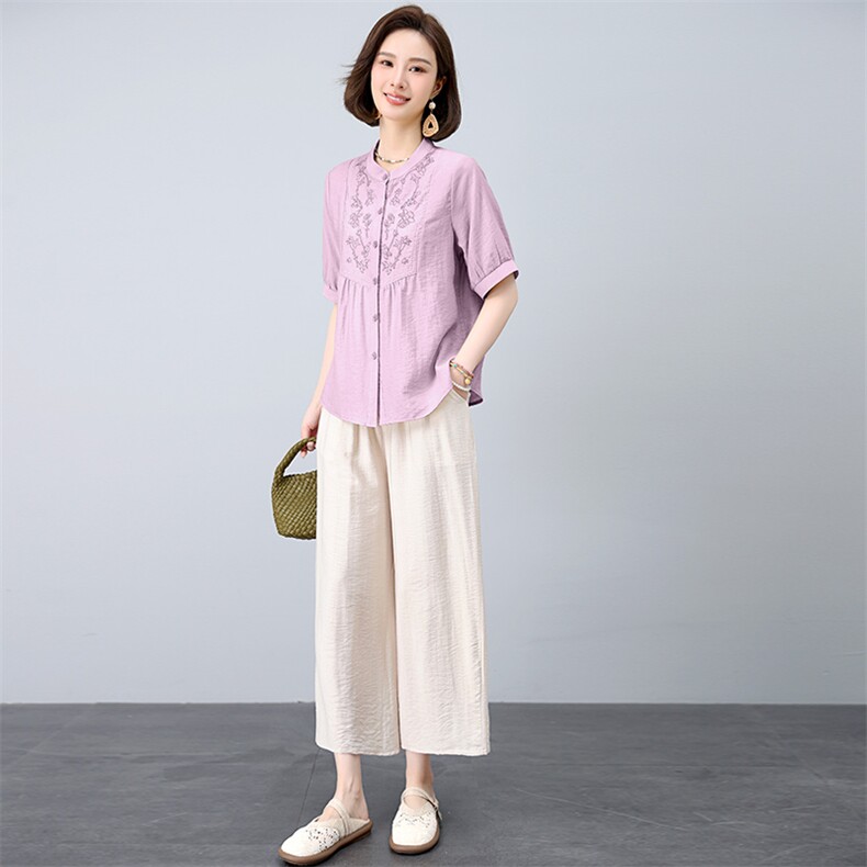 时尚套装夏季薄款2025新款苎麻上衣大方得体一整套超火亚麻两件套,女装套装/套裙,江忆布依