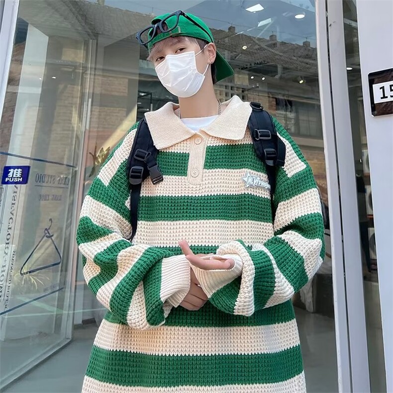 小众撞色条纹毛衣秋冬宽松oversize慵懒针织衫外套情侣M721-P42,男装针织衫/毛衣,星座512-2