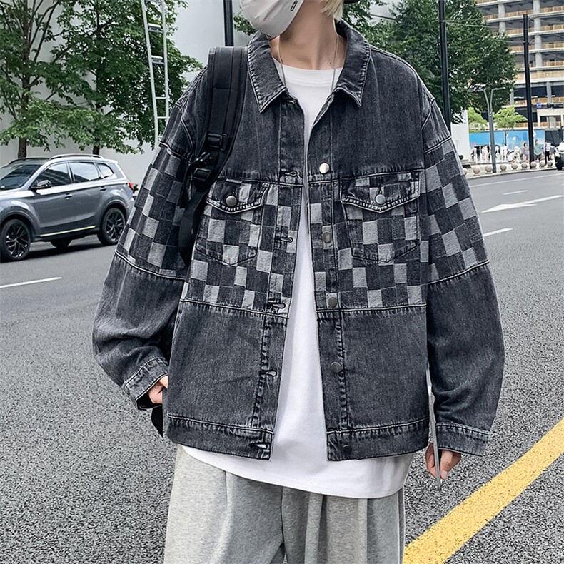 棋盘格拼接牛仔外套高街ins潮休闲百搭秋季夹克上衣JK052-P65,男装夹克,星座308B-1