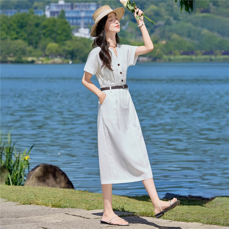 2026夏新款天丝亚麻配丝巾单排扣衬衣领高腰A字连衣裙,女装连衣裙,瑶迪依秀