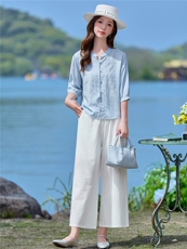 现货！现货！2026夏季新款时尚刺绣棉麻衬衫阔腿裤两件套女，女装套装/套裙，以桐