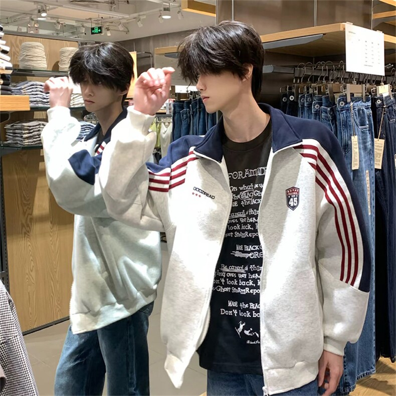 抖音得物秋美式高街重磅结构织带拼接撞色立领卫衣外套ACM4101,女装短外套,电商A443