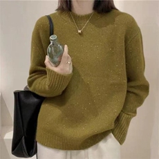 圆领亮闪羊绒毛衣女2025冬季法式宽松外穿亮丝针织衫羊毛打底上衣，女装针织衫/毛衣，萱芳婷羊绒