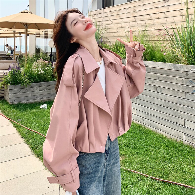 甜酷粉色减龄短款外套女2025春秋季新款韩版休闲百搭显瘦夹克风衣,女装皮衣,2C007