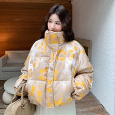 独特设计感黄色立领印花短款羽绒服女冬超火好看高级小众加厚外套，女装羽绒服，2C317A