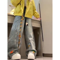 美式高街复古立体刺绣配腰带阔腿牛仔裤男女显瘦直筒弯刀拖地裤潮，男装牛仔裤，电商A486