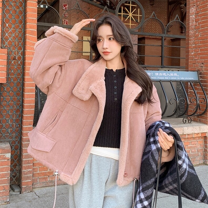 羊羔毛外套女冬皮毛一体麂皮绒保暖厚上衣，女装羊羔毛/颗粒绒，2D073