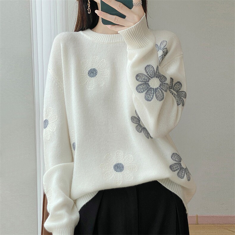 重磅刺绣花朵100%纯羊毛衫女圆领加厚针织毛衣宽松拼色羊绒衫打底，女装针织衫/毛衣，江南羊绒